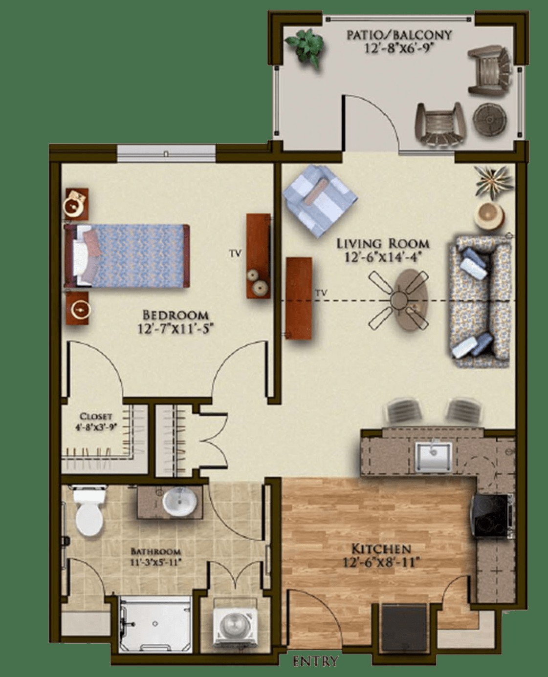 A one-bedroom apartment floor plan featuring a living room, kitchen, and bathroom.