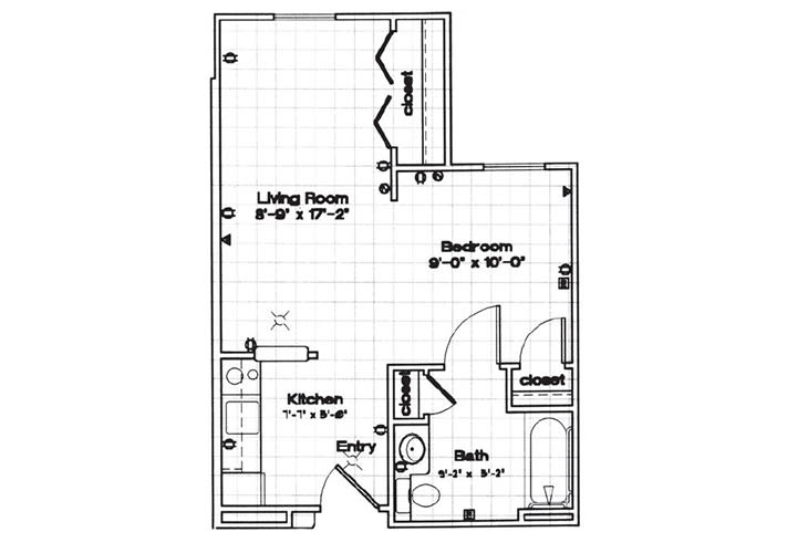 A floor plan of a one-bedroom apartment featuring a living room, kitchen, bathroom, and closets.