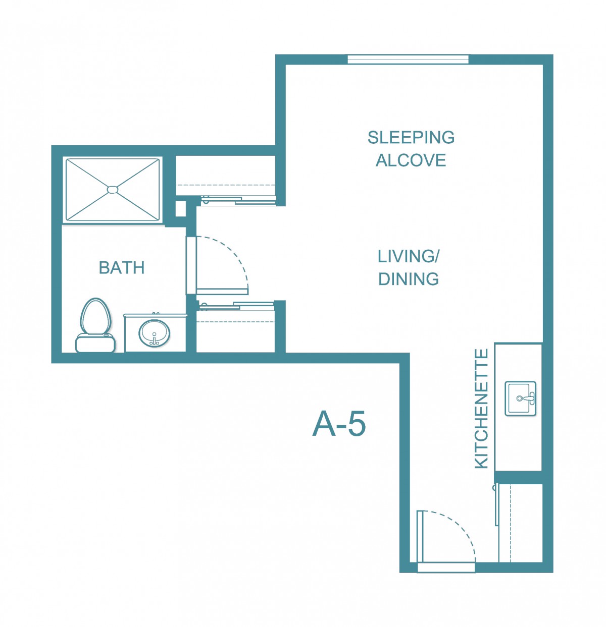 A floor plan of a small studio apartment featuring a sleeping alcove, living/dining area, kitchenette, and bathroom.