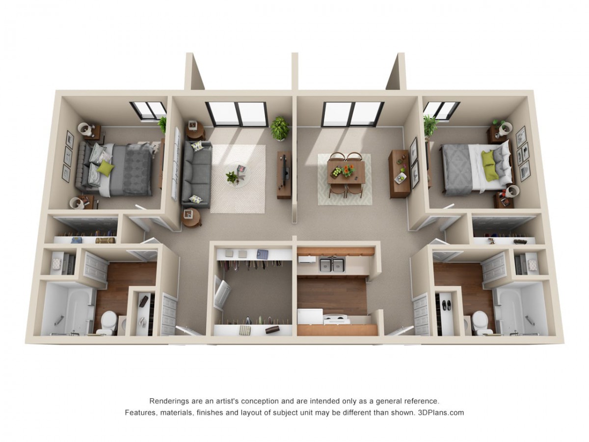 3D floor plan of an apartment showcasing multiple bedrooms, bathrooms, a kitchen, and a living area.