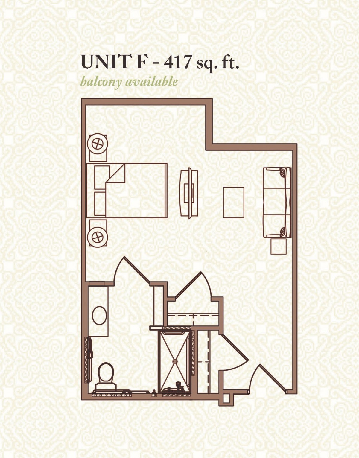 Floor plan of Unit F, measuring 417 sq. ft., with a balcony.