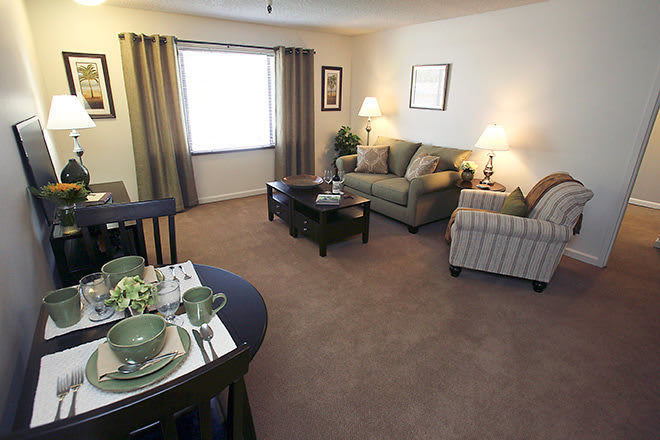 A cozy living room with sofas, a coffee table, and warm lighting.