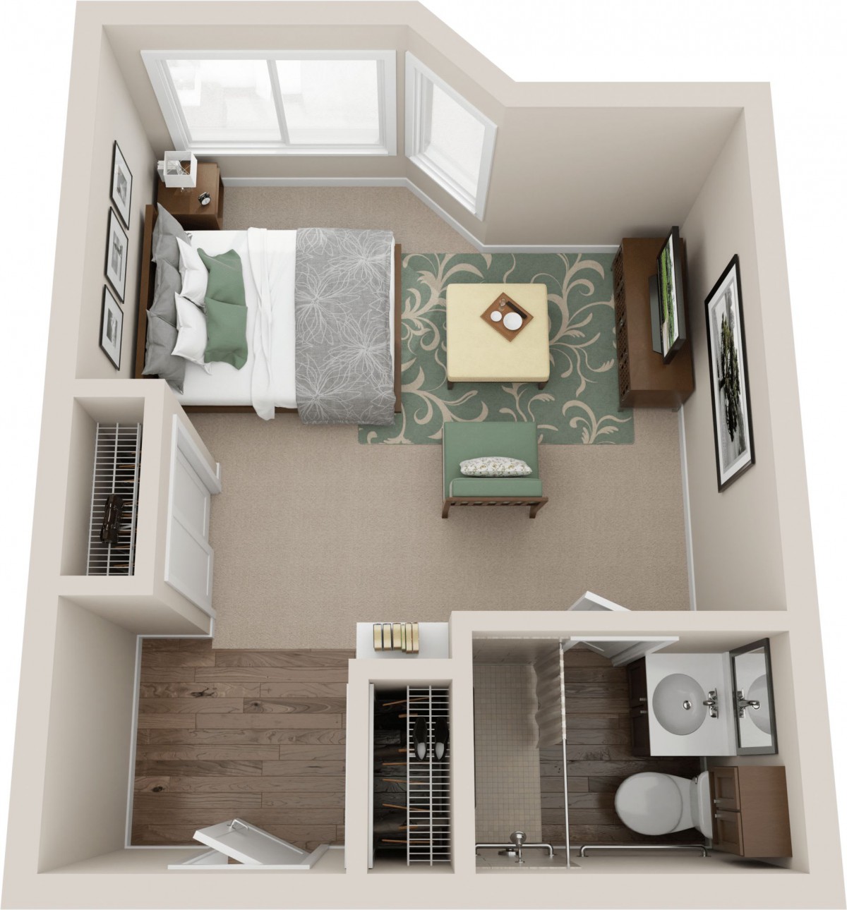 A 3D rendering of a compact studio apartment layout featuring a bedroom, living area, and bathroom.