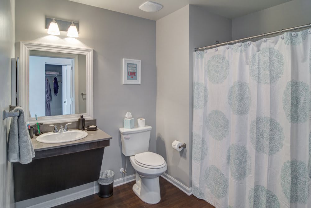 A modern bathroom featuring a toilet, sink with a mirror, and a shower with a patterned curtain.