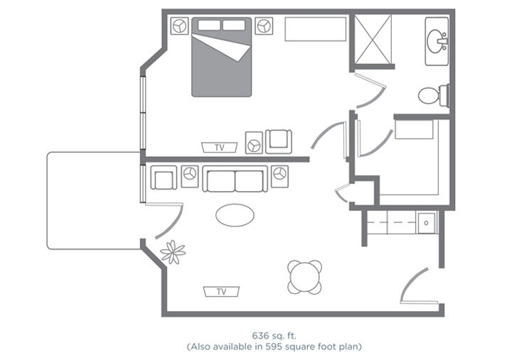 Floor plan of a one-bedroom apartment showing furniture placement and room layout.