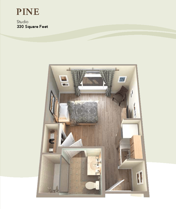 3D floor plan of a studio apartment with designated areas for living, sleeping, and cooking.