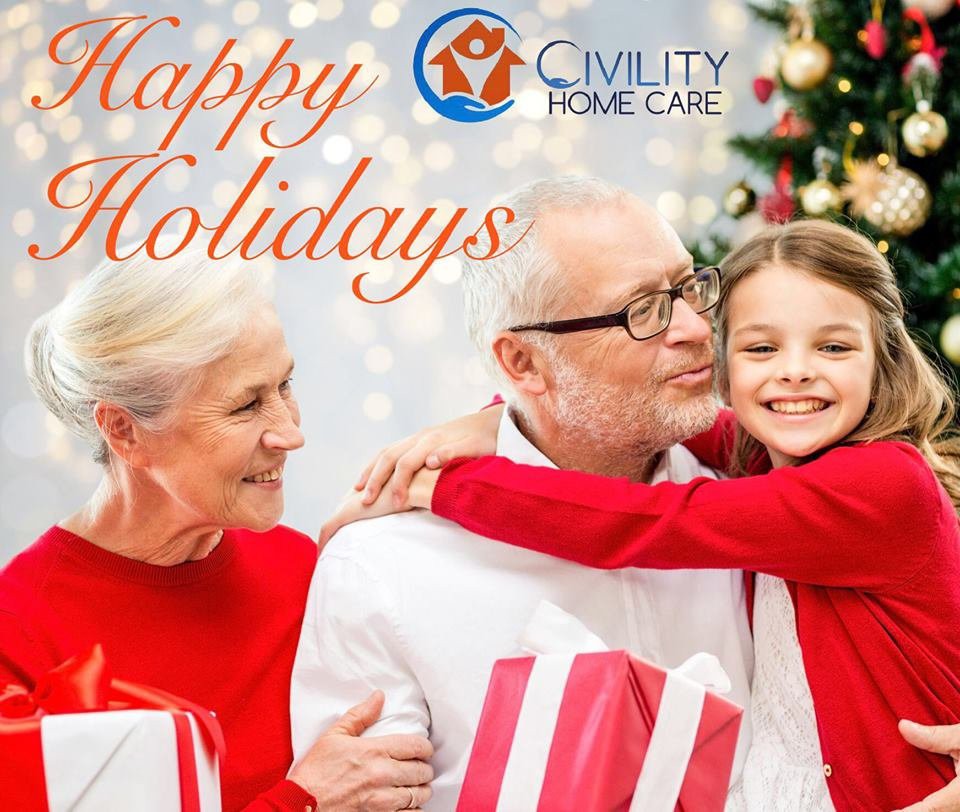 Family celebrating the holidays with gifts, featuring the Civility Home Care logo.