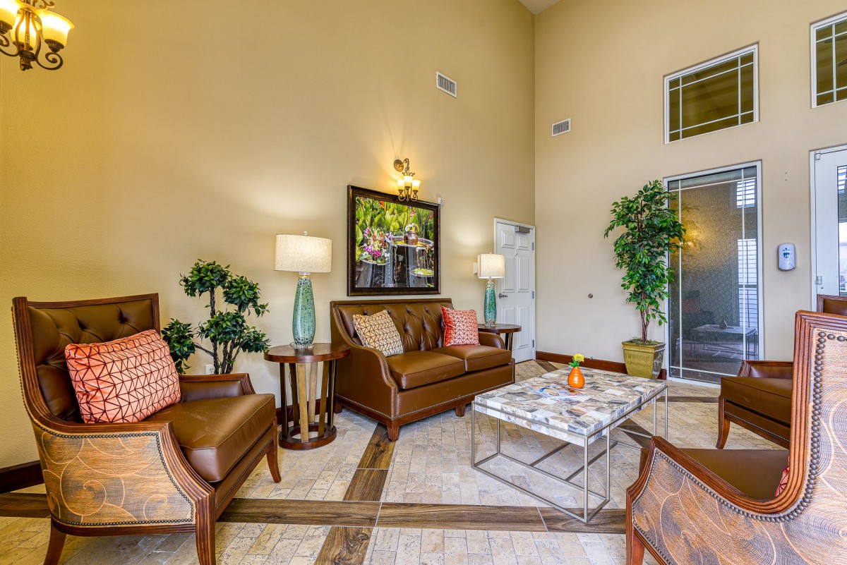 A stylish living room with leather sofas, armchairs, and a coffee table adorned with decorative plants and artwork.