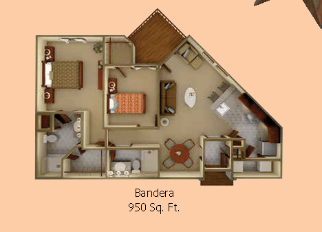 A floor plan of a Bandera apartment measuring 950 square feet, featuring two bedrooms.