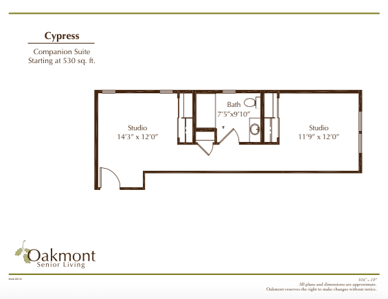 A floor plan of a Cypress companion suite featuring two studios and shared spaces.