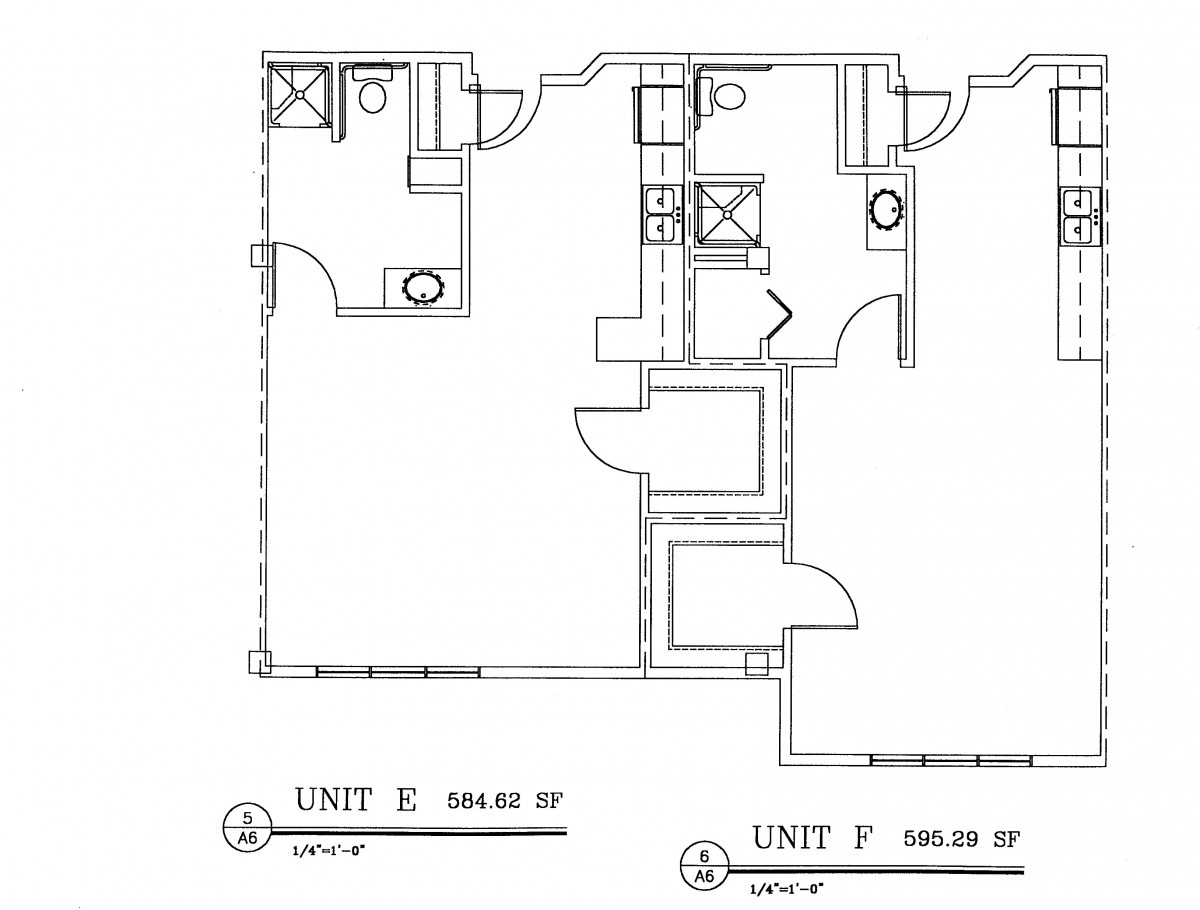 Architectural floor plan showing the layout of two apartment units.