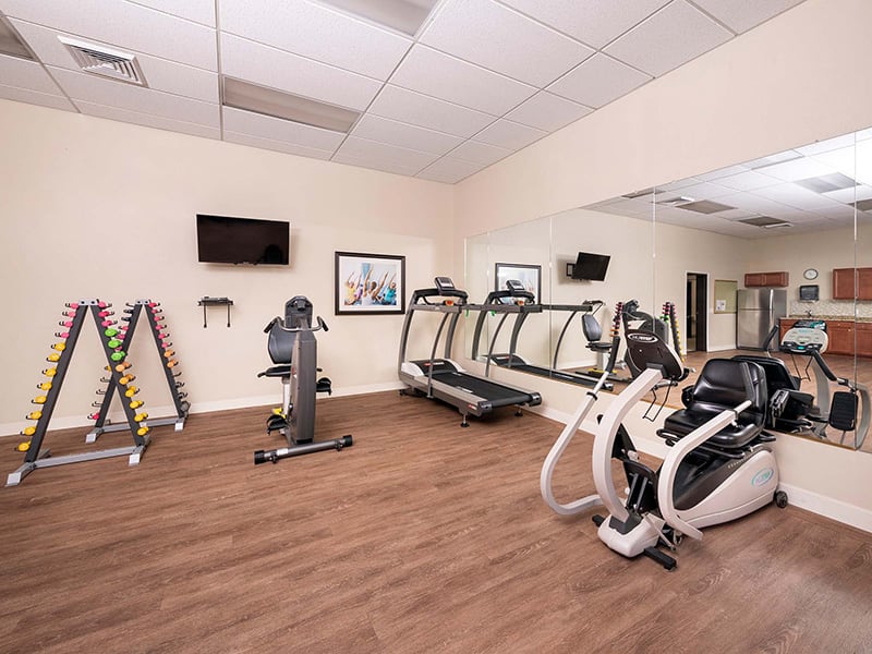 A small gym with various exercise equipment including treadmills, a stationary bike, an elliptical machine, and weights.