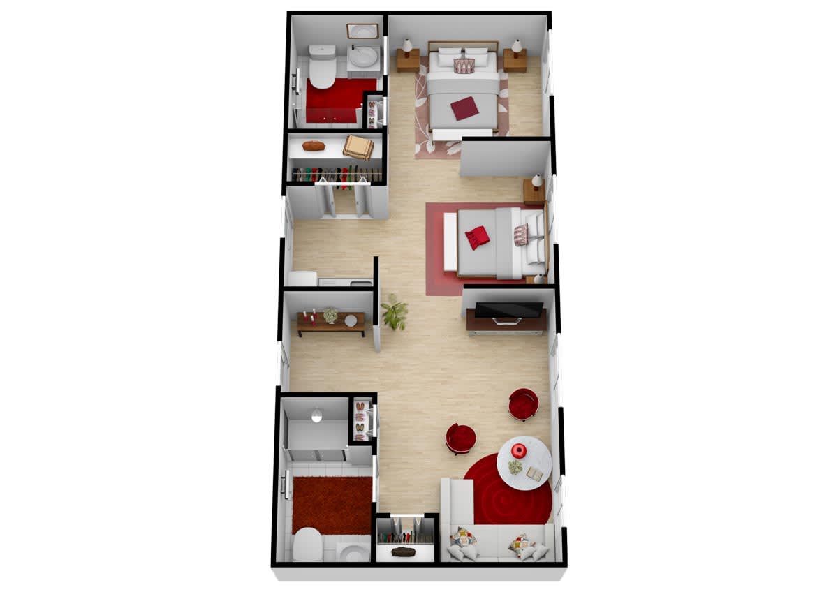 3D floor plan of a two-bedroom apartment showcasing furniture arrangement and interior design.