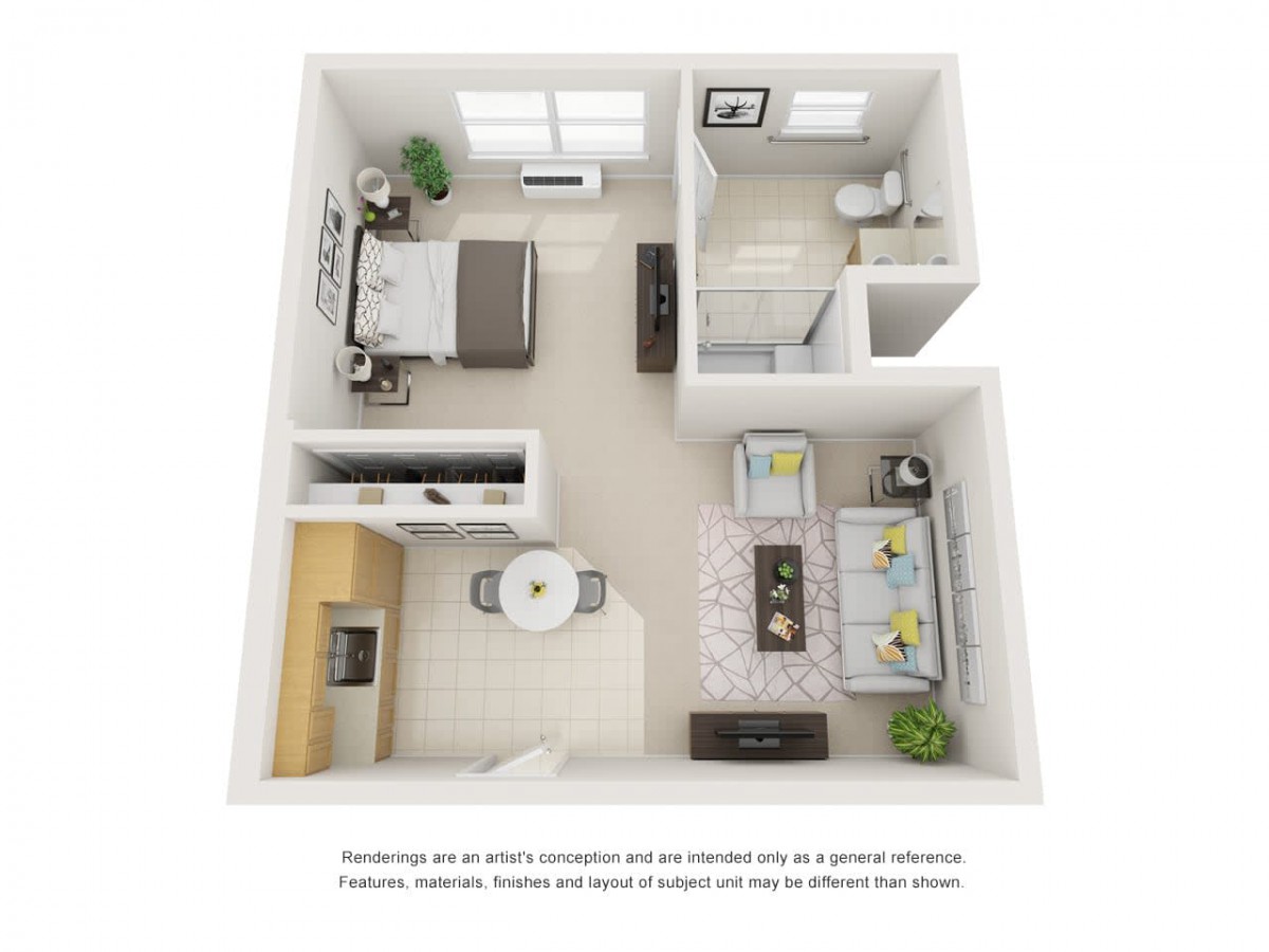 A 3D floor plan of a modern apartment featuring one bedroom, a living room, kitchen, and bathroom.