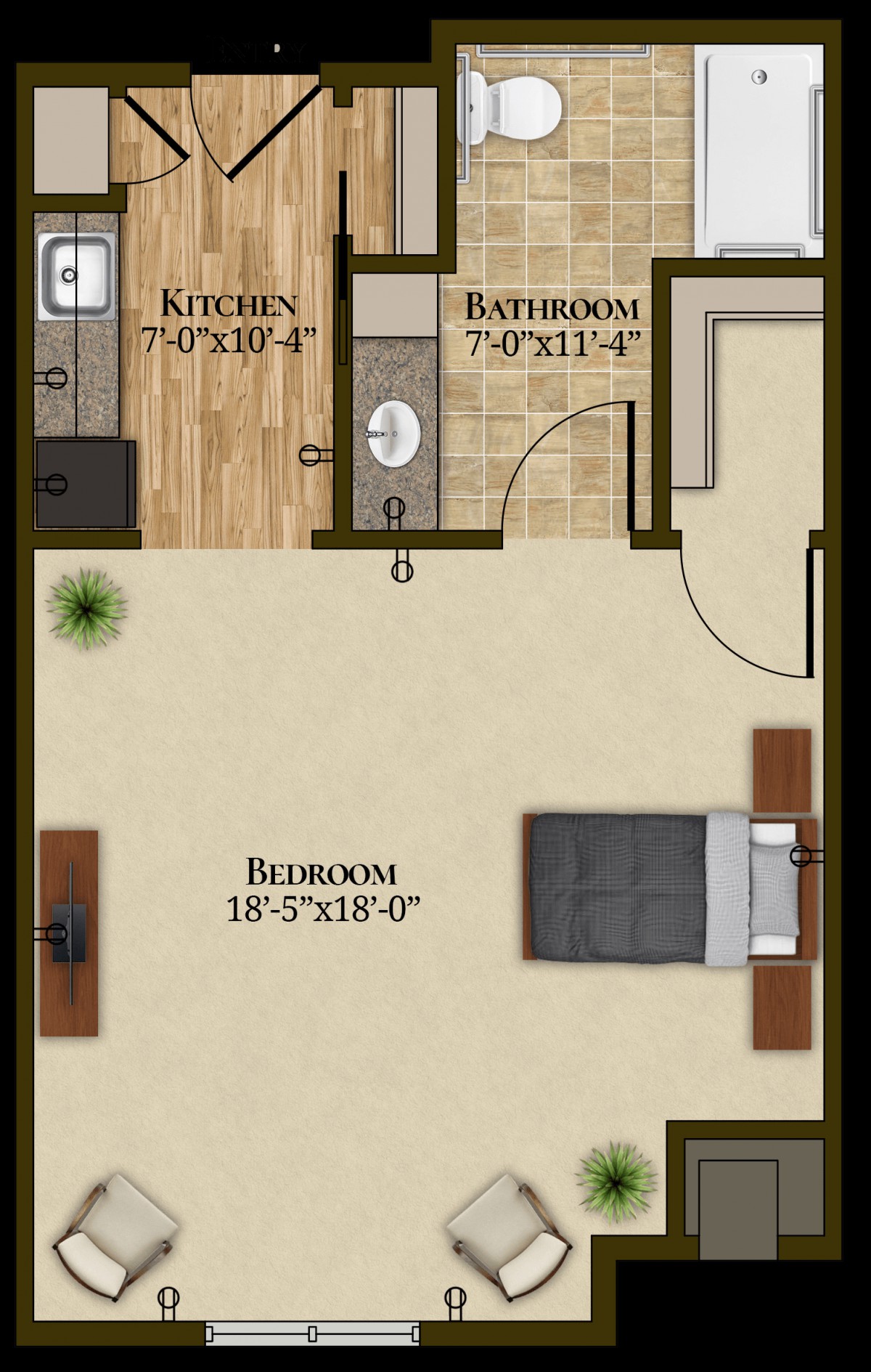 A studio apartment floor plan featuring a bedroom, kitchen, and bathroom.