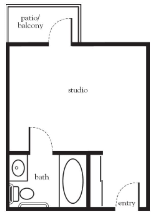 A basic floor plan of a studio apartment with a bathroom.