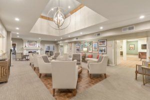 A modern lobby with comfortable seating and elegant lighting.