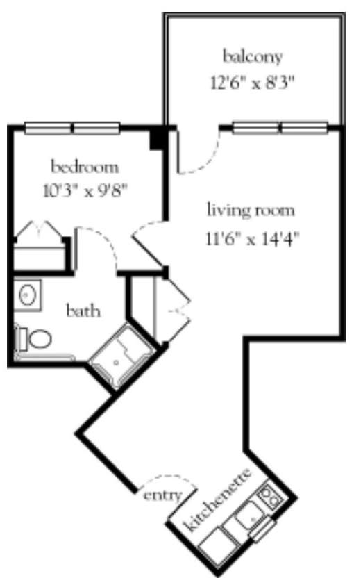 A floor plan of a small apartment, featuring one bedroom, one bathroom, and a living room.