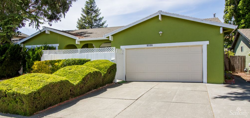 A green suburban house with a driveway and a garage.