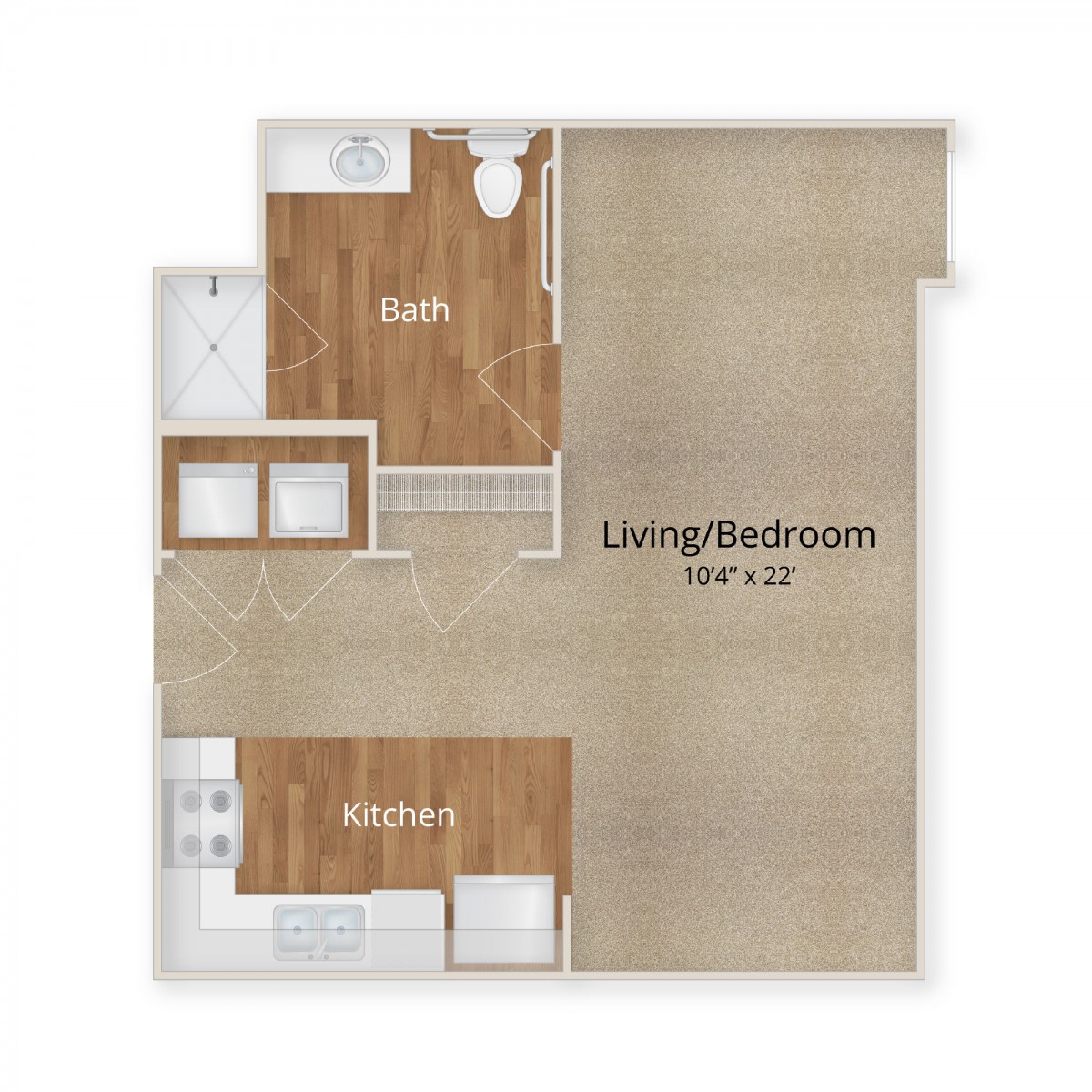A floor plan of a small apartment featuring a living room, kitchen, and bathroom.