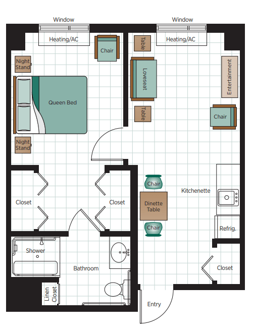 A detailed floor plan of a one-bedroom apartment featuring a living room, kitchen, and bathroom.