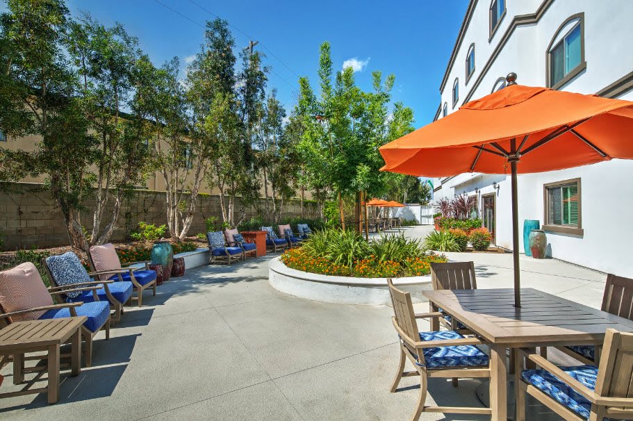 A sunny outdoor patio with seating, umbrellas, and lush greenery.