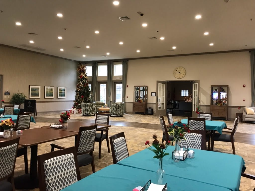 A well-lit dining area with tables covered in teal tablecloths, decorated with plants and art on the walls.