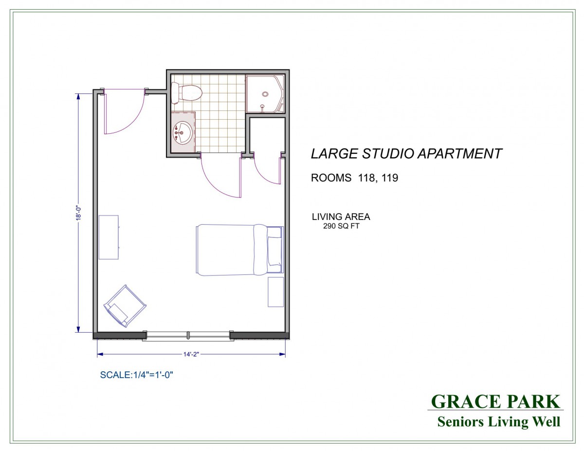 Floor plan of a large studio apartment with dimensions and layout details.
