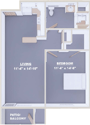 Floor plan of an apartment showing the living room and bedroom with specified dimensions.