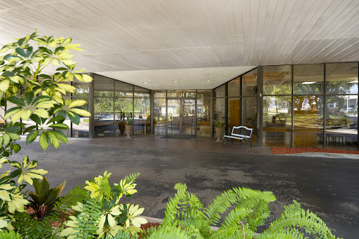 A modern glass entrance surrounded by lush greenery, showcasing minimalist architectural design.
