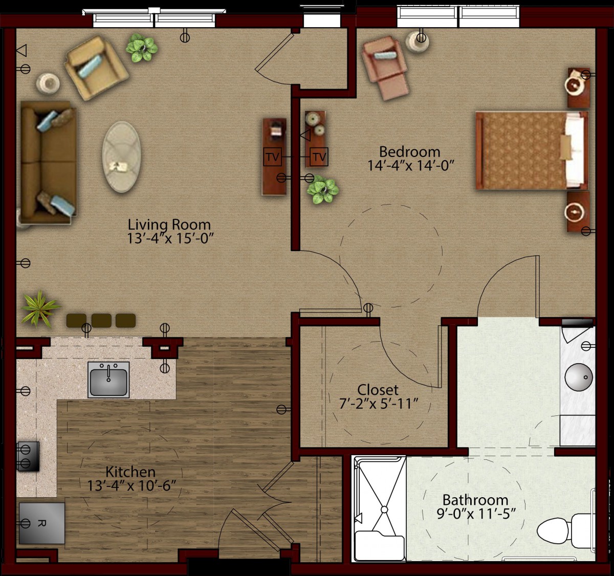 A floor plan of an apartment showing a living room, kitchen, dining area, bedroom, and bathroom.