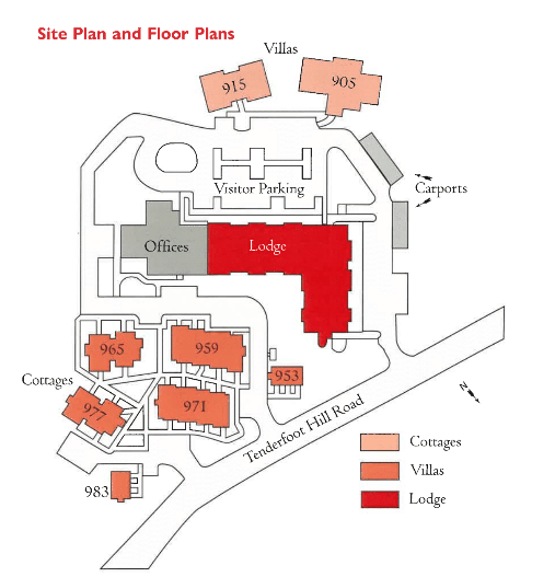 A site and floor plan layout highlighting the lodge, villas, and cottages in different colors.
