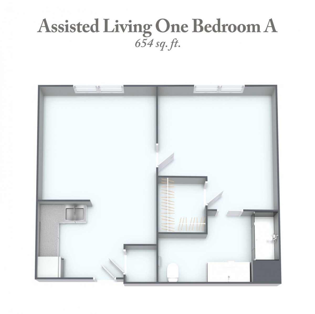 A floor plan of a one-bedroom assisted living apartment measuring 626 sq. ft.