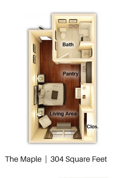 A compact studio apartment layout featuring a living area, bathroom, pantry, and closet.