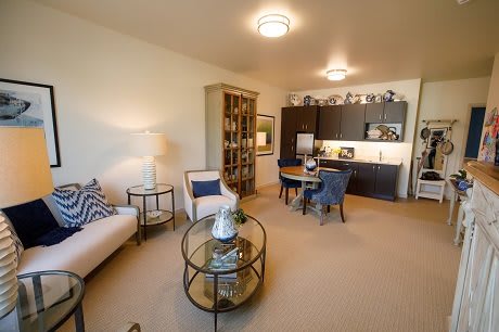 A cozy, modern open-concept living room with a kitchenette and dining area.