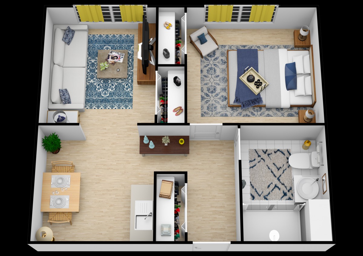 A detailed floor plan of a modern apartment showing the layout of rooms including a living room, bedroom, kitchen, and bathroom.
