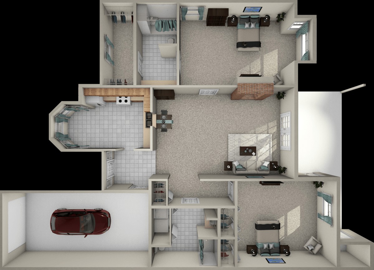 A 3D rendered floor plan of a house showcasing various rooms and a garage.