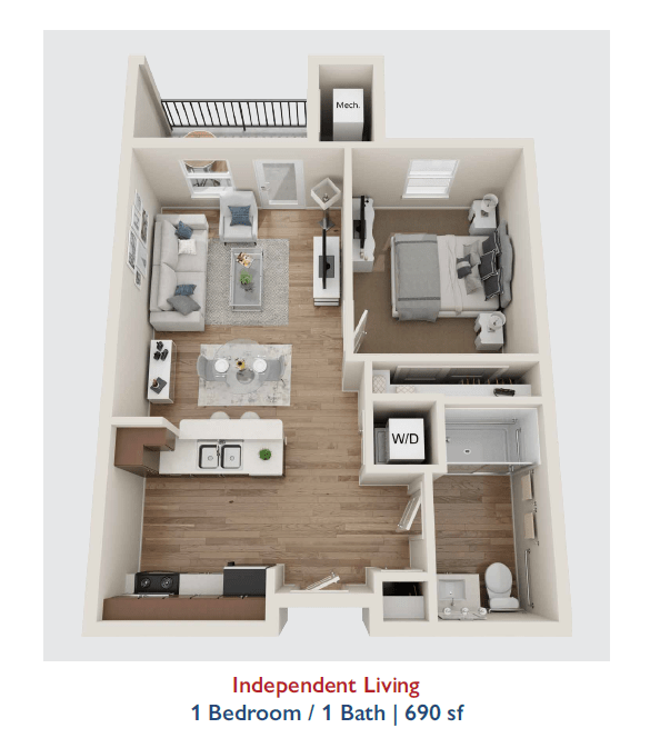 This is a 3D floor plan of an apartment with a kitchen, living room, bedroom, and bathroom.