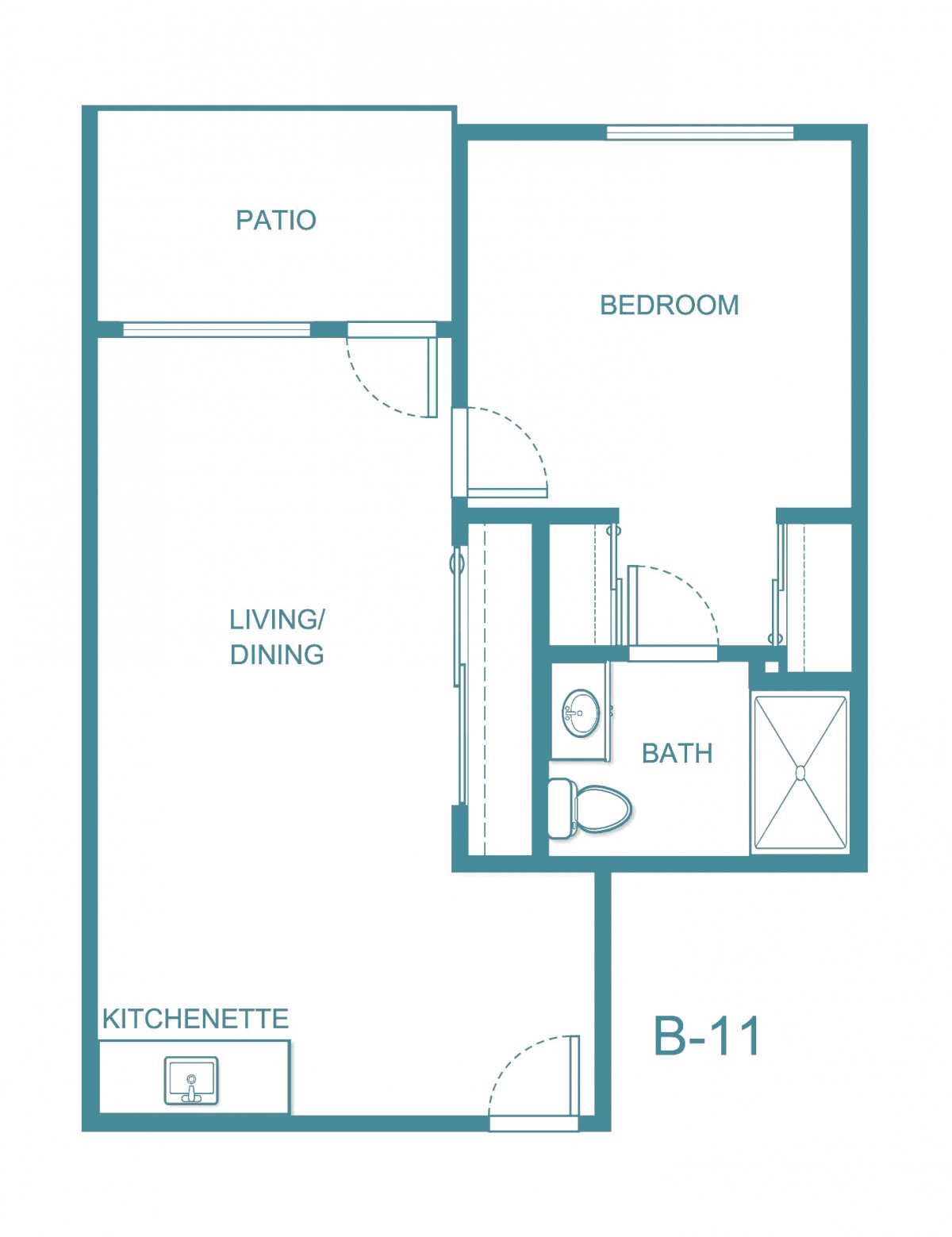 Floor plan of a one-bedroom apartment with a living room, bathroom, kitchenette, and patio.