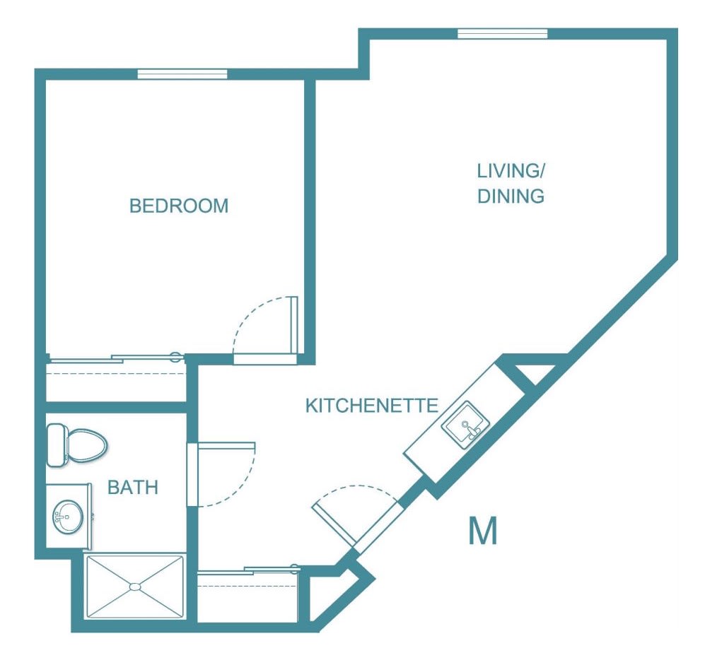 This image depicts a floor plan featuring a bedroom, bathroom, kitchenette, and living/dining area.