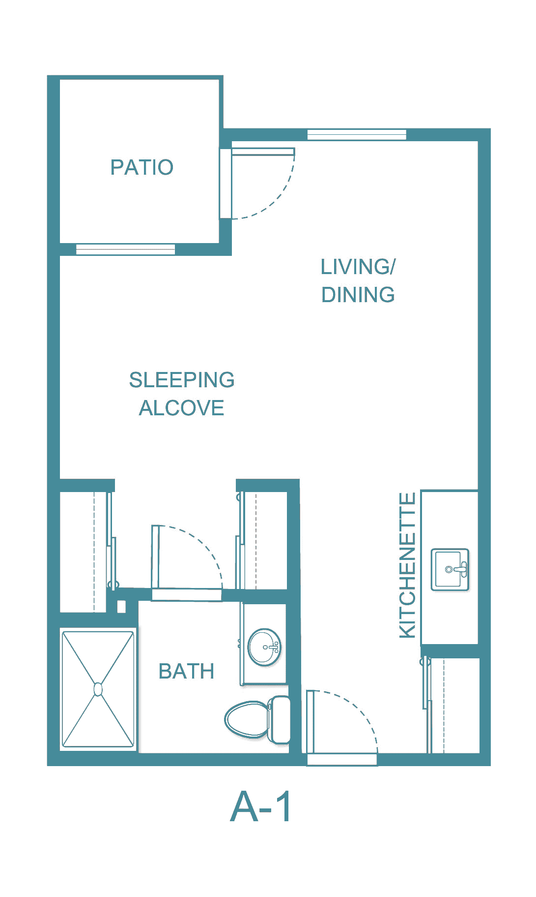 A floor plan layout of a studio apartment featuring a living/dining area, sleeping alcove, kitchenette, and bathroom.