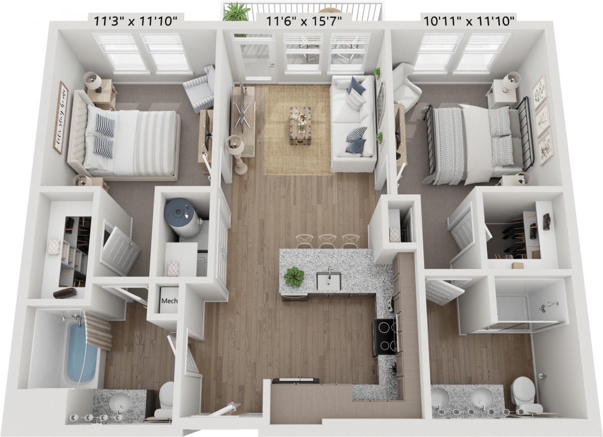 A modern two-bedroom apartment floor plan showcasing a spacious layout with a living area, kitchen, and bathrooms.