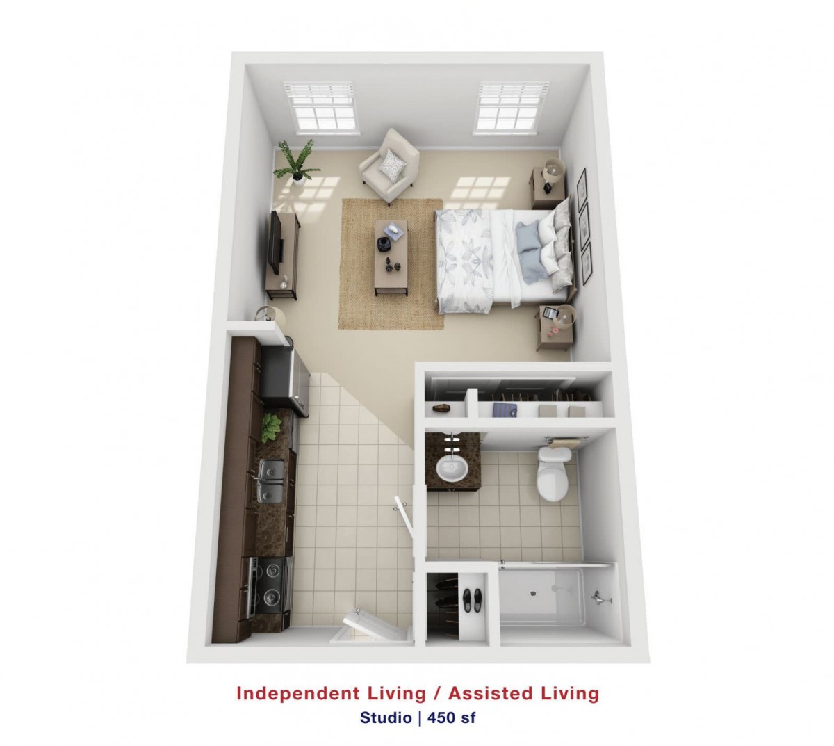 Studio apartment layout featuring a combined living, sleeping, and kitchenette area with an attached bathroom.