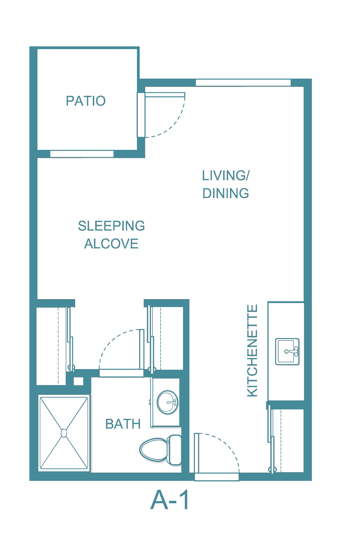 Studio apartment floor plan with a sleeping alcove, living/dining area, kitchenette, and bathroom.