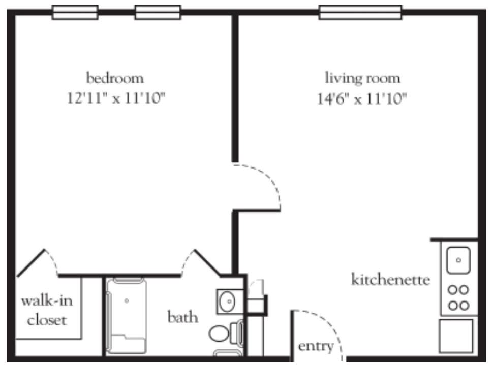 A floor plan of an apartment featuring a bedroom, living room, kitchenette, and bathroom.