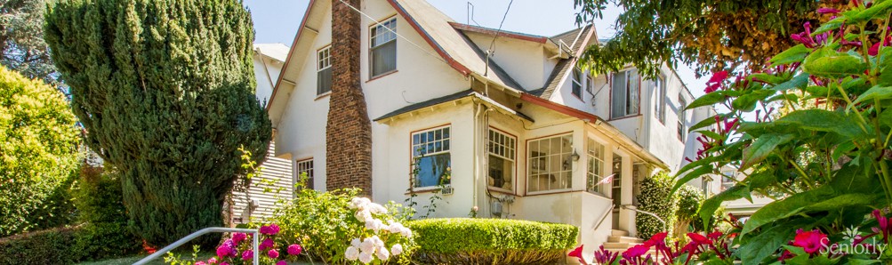 A charming residential house with a garden and prominent chimney.