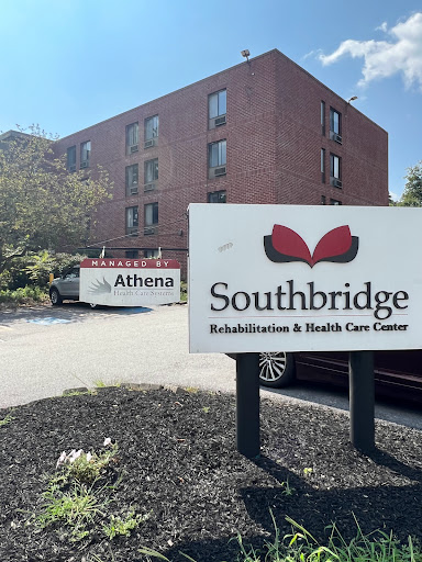 The entrance to Southbridge Rehabilitation & Health Care Center, featuring a prominent sign.