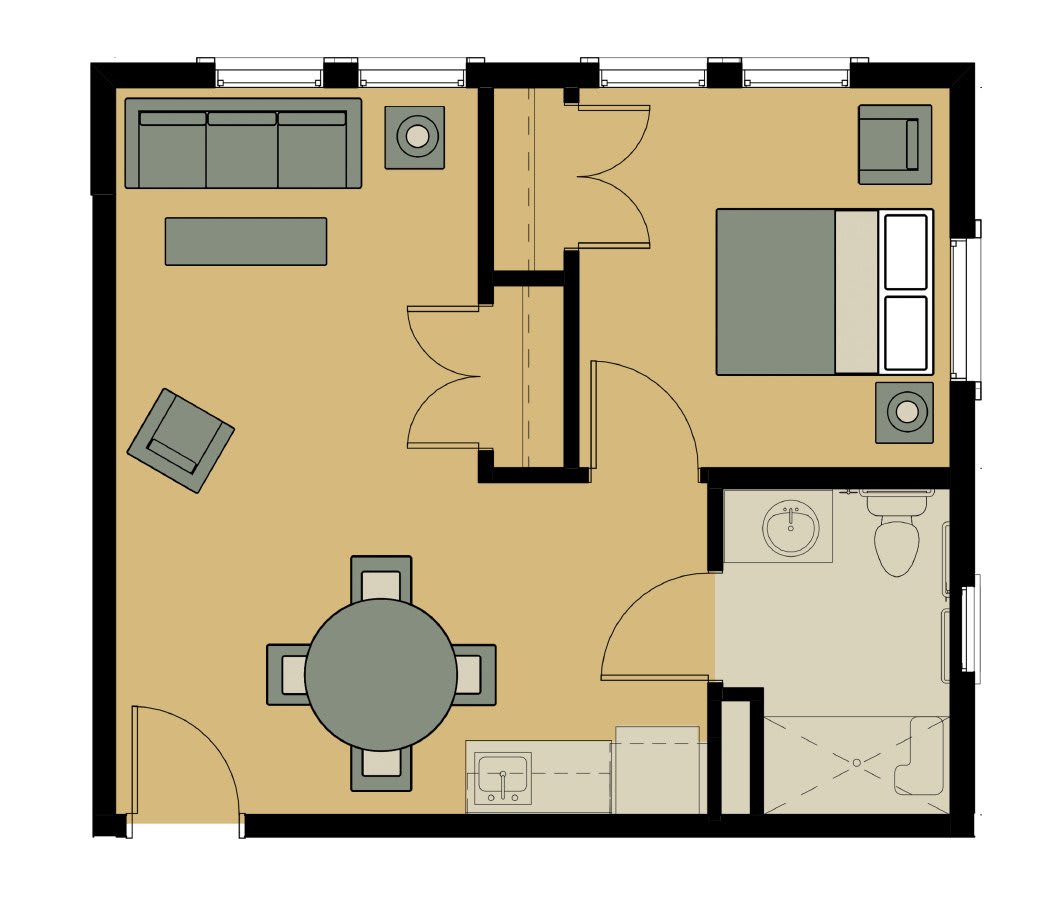 A floor plan of a one-bedroom apartment featuring a living room, kitchen, and bathroom layout.
