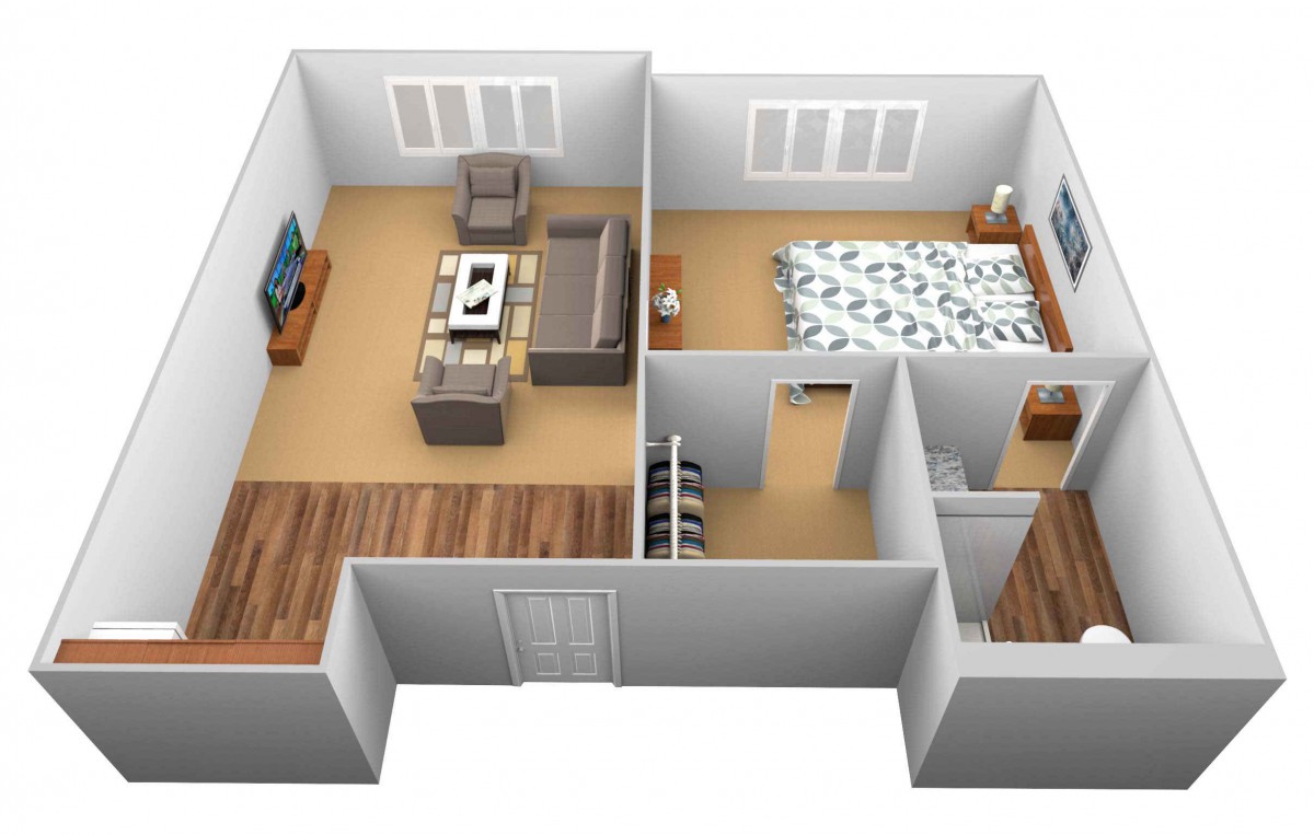 A 3D floor plan of a one-bedroom apartment featuring a living room and bedroom.