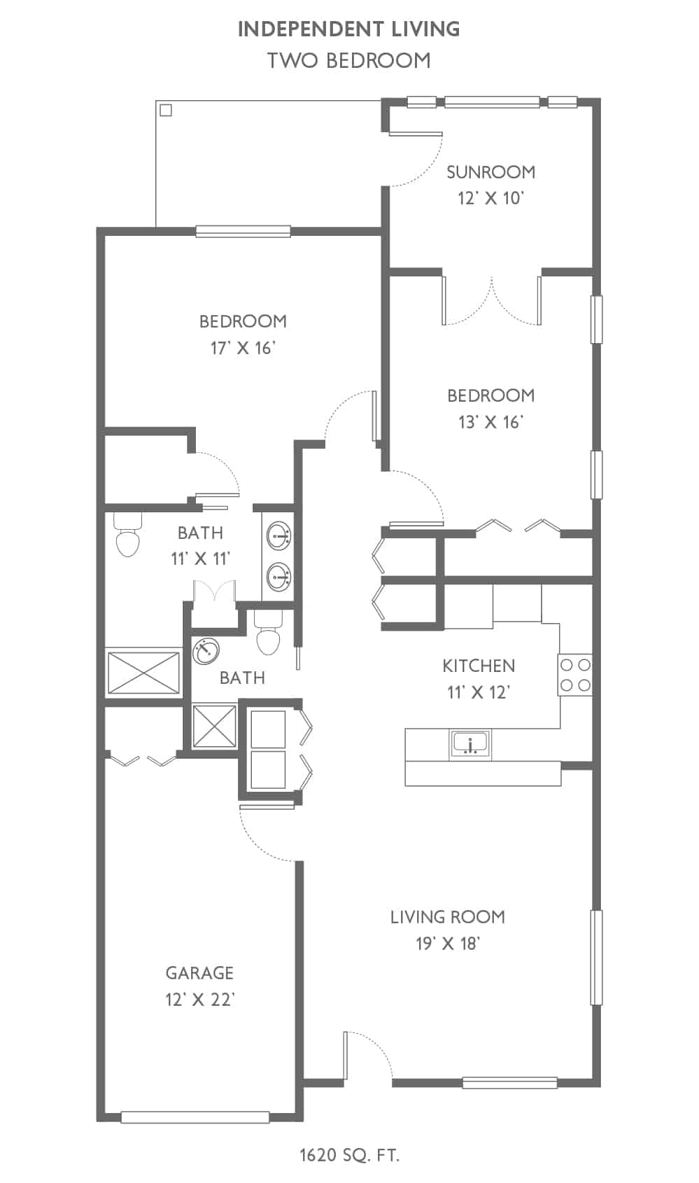 A detailed floor plan of a two-bedroom apartment, featuring labeled rooms including the kitchen, living room, and bathrooms.